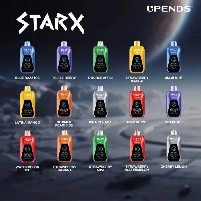 Collection of colorful disposable vape devices in various flavors from the STARX brand.