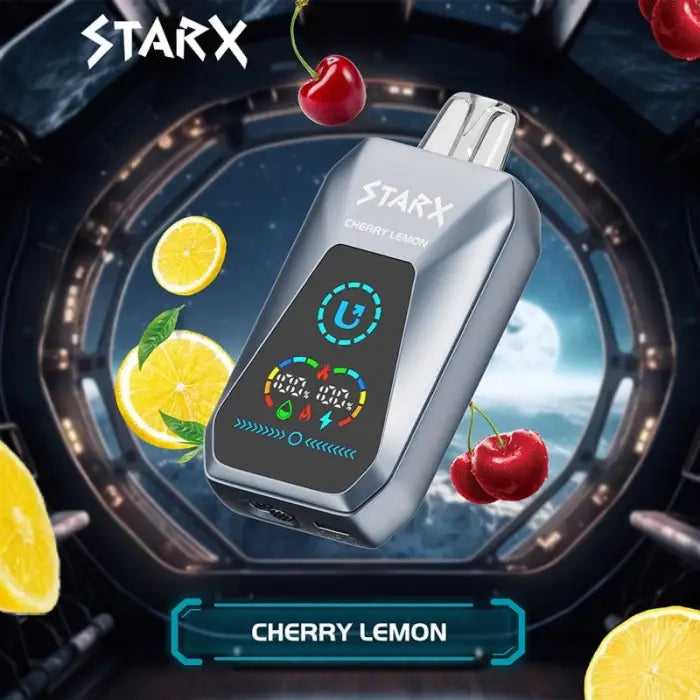 Electronic vaping device with a digital display showing ’Cherry Lemon’ flavor.