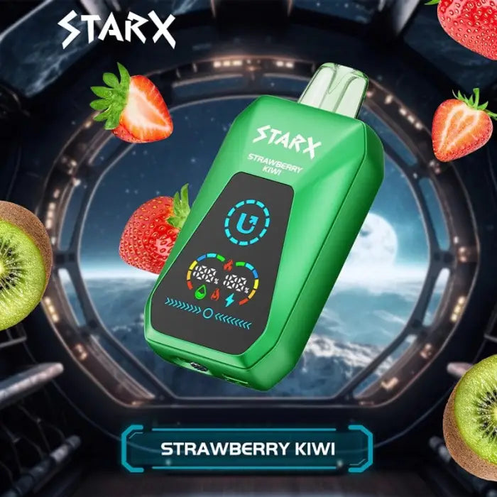 Green electronic vaping device with a digital display showing ’STARX’ branding.