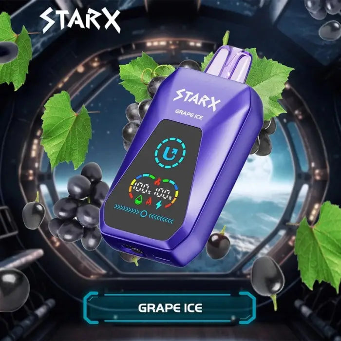 Purple electronic vaping device with a digital display showing ’Grape Ice’ flavor.