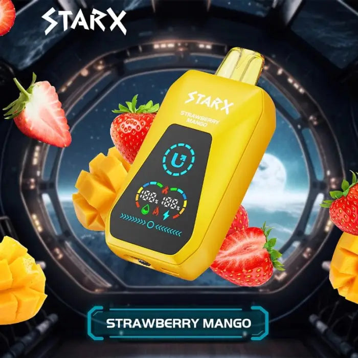 Yellow electronic vaping device labeled ’STARX’ with a digital display showing ’Strawberry Mango’ flavor.