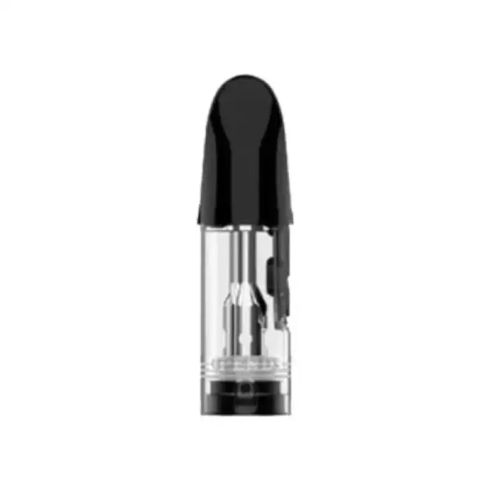 Vape cartridge or e-cigarette pod with a black mouthpiece and clear tank.