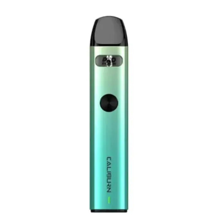 Sleek, cylindrical vape device with a gradient teal-to-black color scheme and a small circular button.