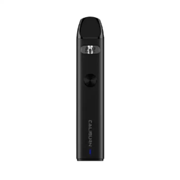 Black electronic vaping device or e-cigarette with a sleek, cylindrical design.