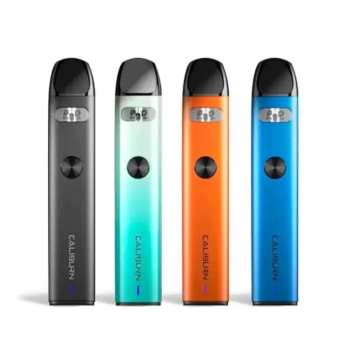 Four colorful electronic vaping devices or e-cigarettes lined up side by side.