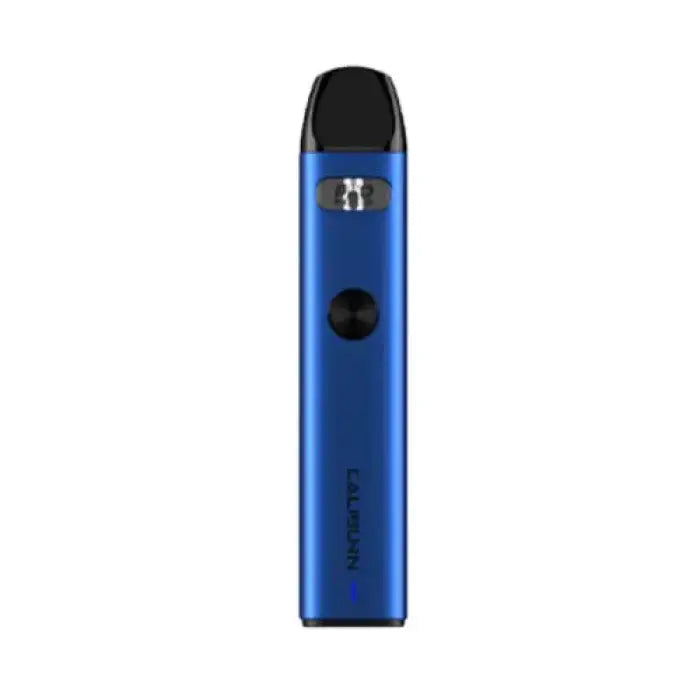 Blue cylindrical electronic vaping device with a black mouthpiece and small circular button.