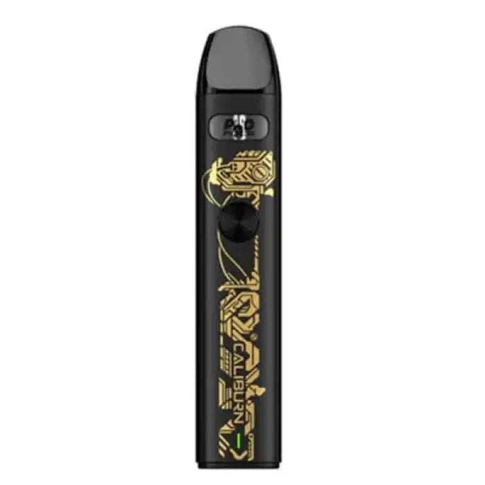 Sleek black electronic vaping device with gold decorative text and design elements.