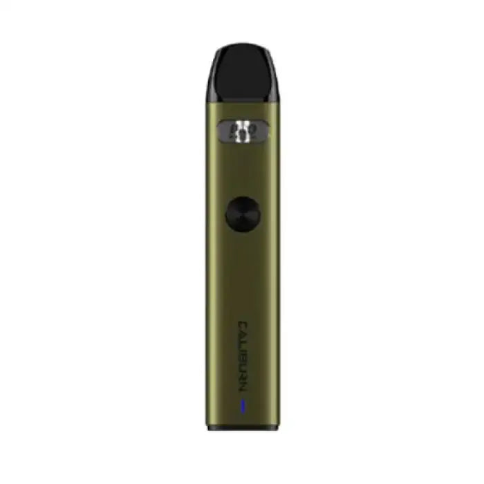 Olive green electronic vaping device with a black mouthpiece and small display.