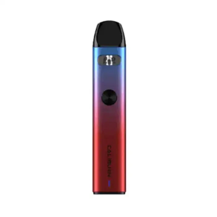 Colorful vape pen or e-cigarette device with a gradient finish from blue to purple to red.