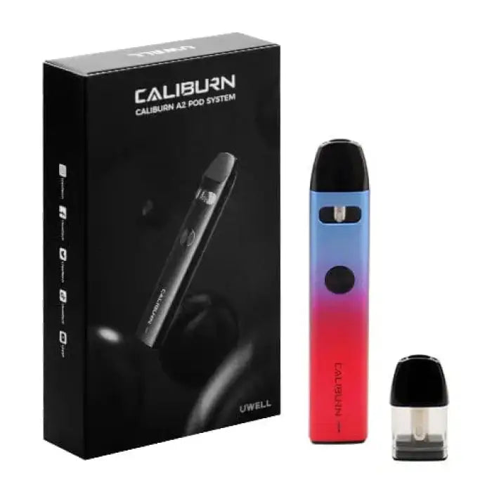 Colorful electronic vaping device with a gradient blue-to-red body and replaceable pod.