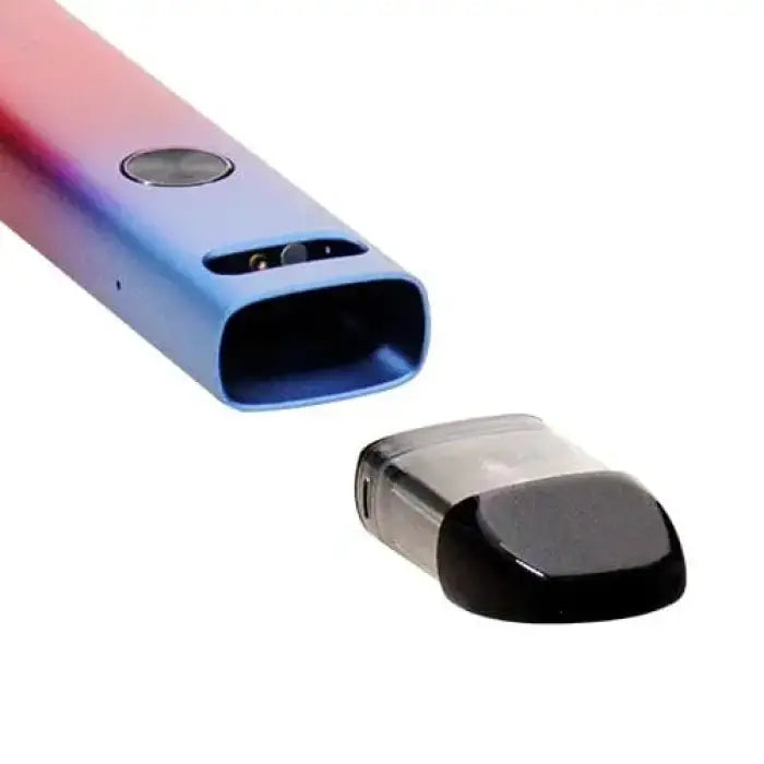 Electronic vaping device with a detachable pod or cartridge.