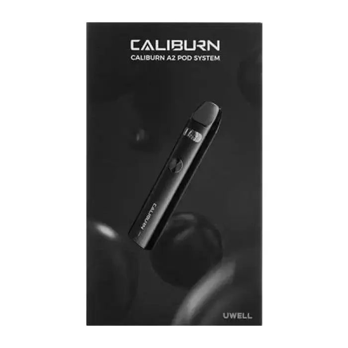 Sleek black electronic vaping device called Caliburn A2 Pod System.