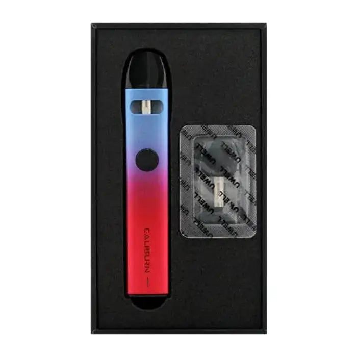 Colorful electronic vaping device with a gradient blue-to-red body.