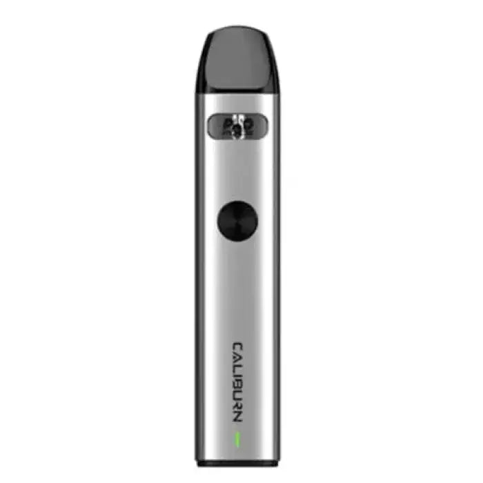 Sleek silver electronic vaping device with a black mouthpiece and small circular button.