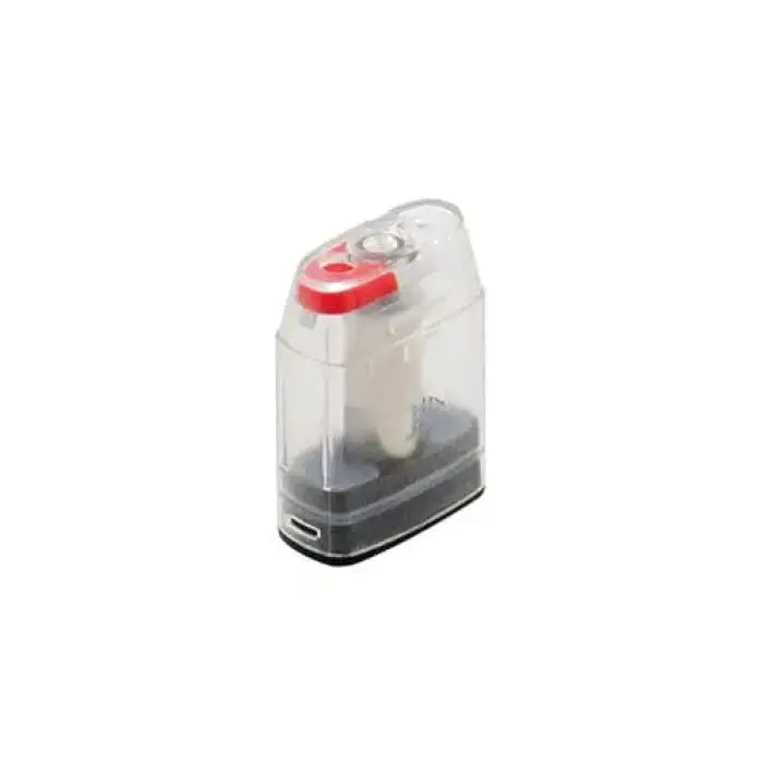 Transparent plastic container with a red cap, likely for storing liquid or small items.