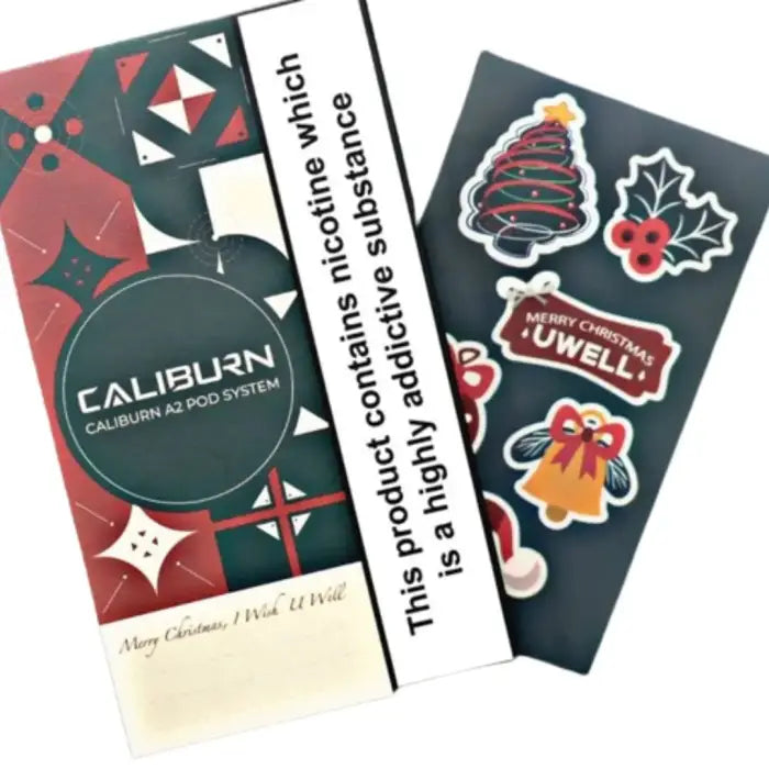 Product packaging or branding materials for Caliburn, featuring holiday-themed stickers and text.