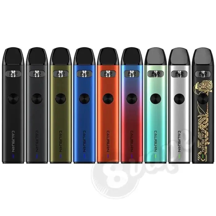 Row of colorful electronic cigarette or vape devices in various designs and finishes.