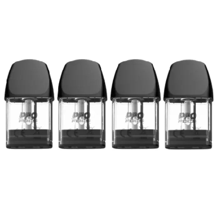 Four identical vape pods or e-cigarette cartridges with clear chambers and black mouthpieces.