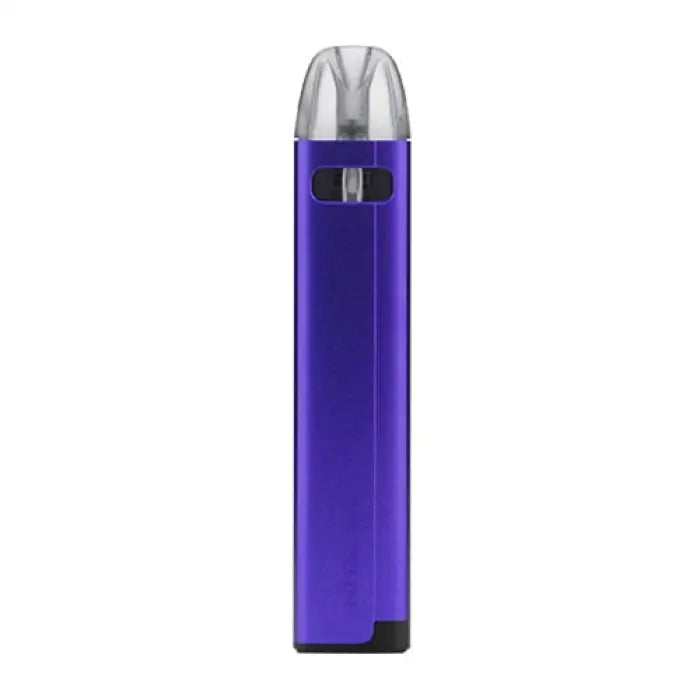 Purple and silver electronic vaping device or e-cigarette.