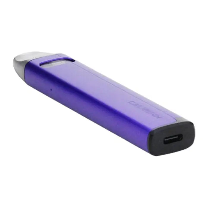 Purple and silver electronic cigarette or vape device with a USB charging port.