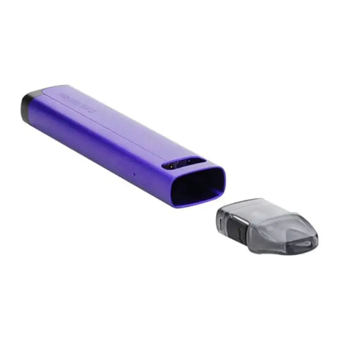 Purple electronic cigarette or vape device with a detachable clear mouthpiece.