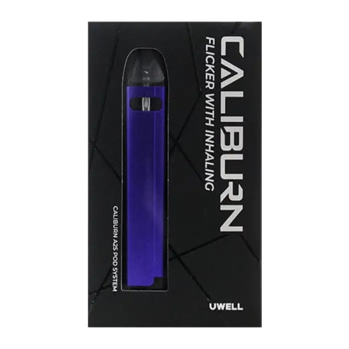 Vape device with a purple body in its packaging.