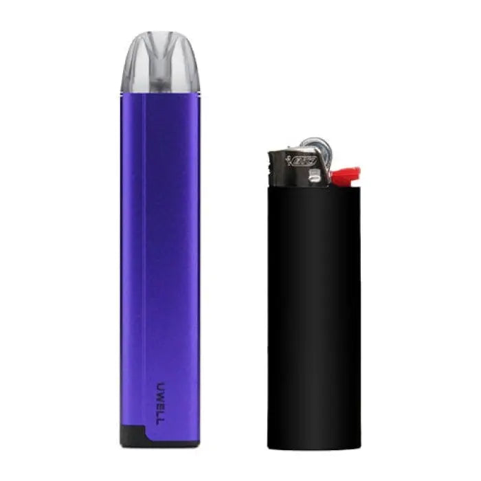 Purple cylindrical vape device with a silver mouthpiece.