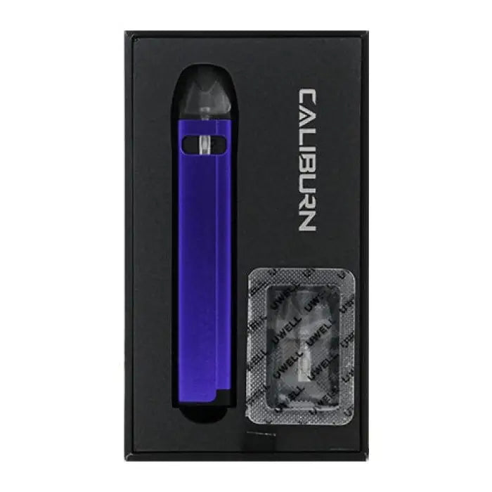 Sleek blue electronic vaping device with accompanying packaged cartridge.