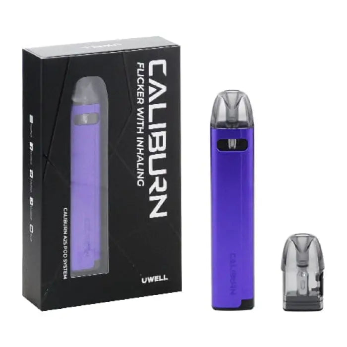 Purple electronic vaping device with its packaging and a detachable pod.