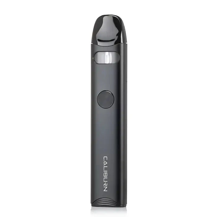 Sleek, dark gray electronic vaping device with a rounded mouthpiece and circular button.