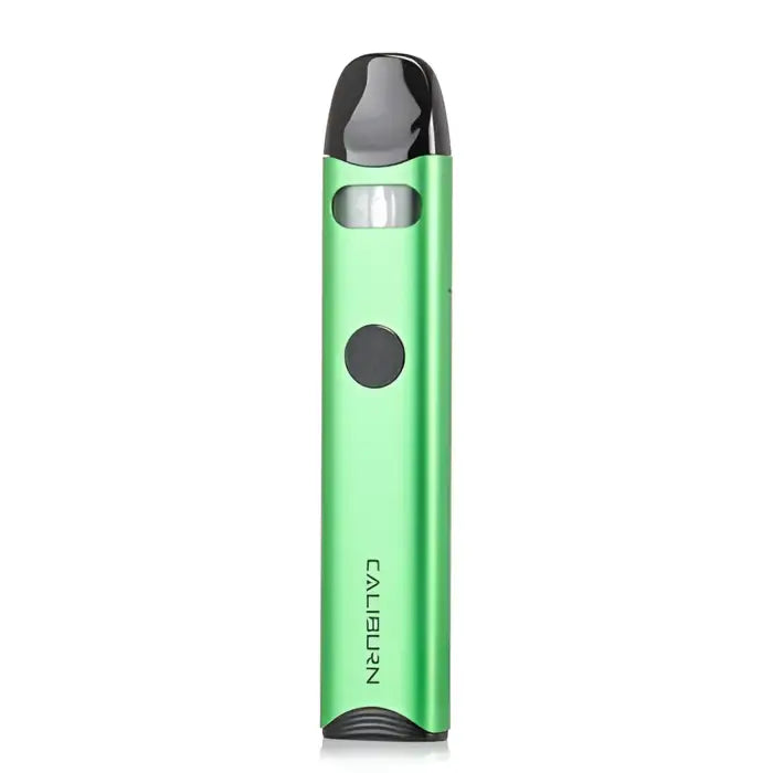 Green cylindrical vape pen or e-cigarette device with a black mouthpiece.