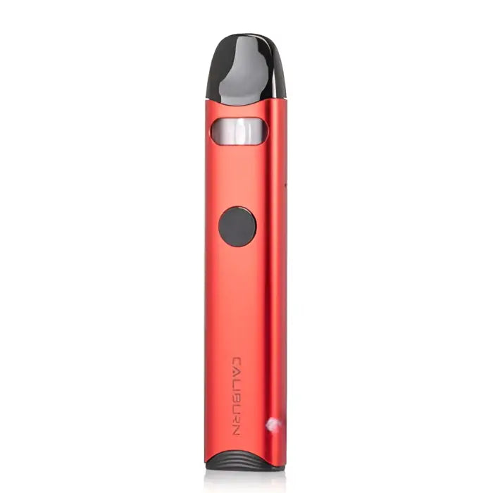 Red electronic vaping device with a sleek cylindrical design.