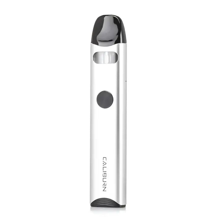 Sleek white electronic vaping device with a black mouthpiece and circular button.