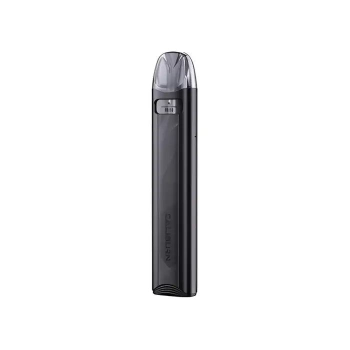 Sleek black electronic vaping device with a transparent mouthpiece.