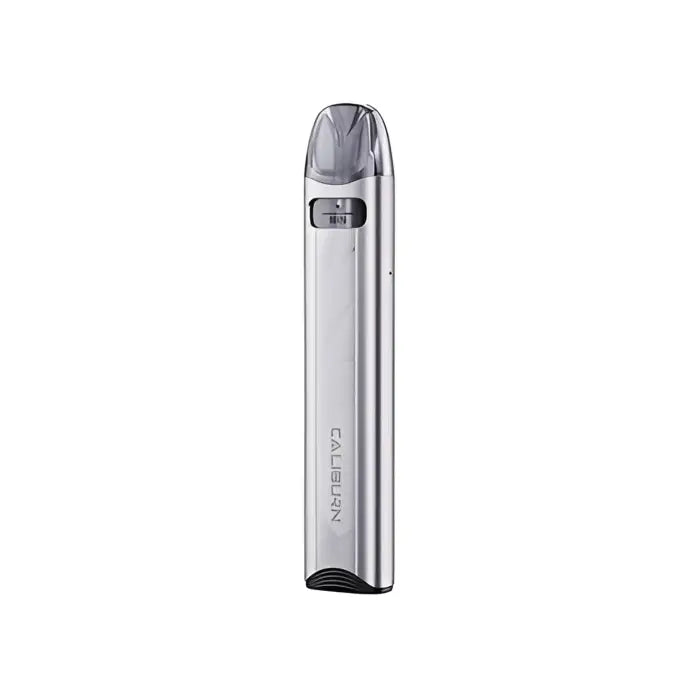 Sleek, silver electronic vaping device or e-cigarette with a transparent mouthpiece.