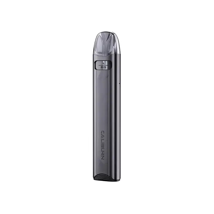 Sleek, cylindrical electronic vaping device in dark gray color.