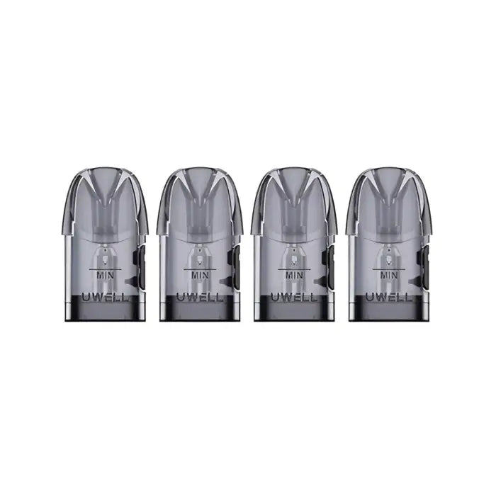 Four identical transparent gray vape pods or cartridges lined up in a row.