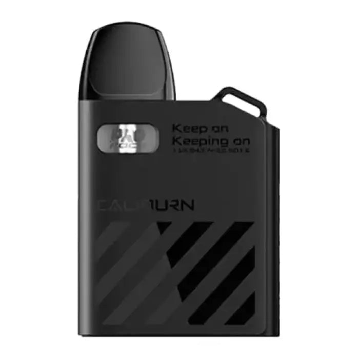 Black electronic vaping device with diagonal stripe pattern and a small window.