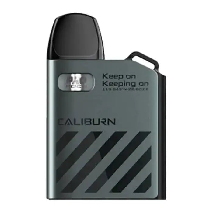 Compact, dark green electronic vaping device with diagonal stripe pattern and ’CALIBURN’ branding.