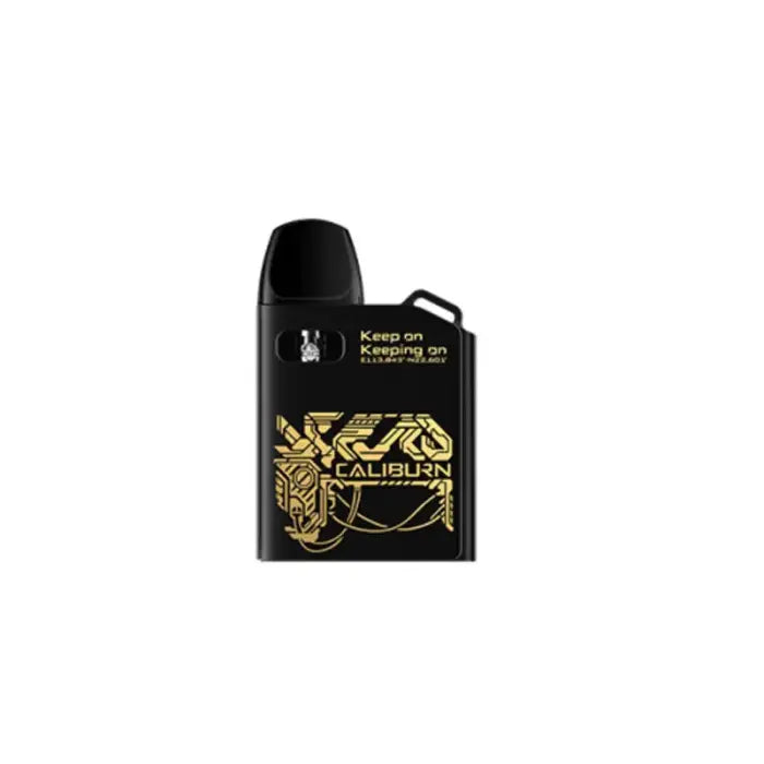 Black electronic vaping device with gold decorative design.