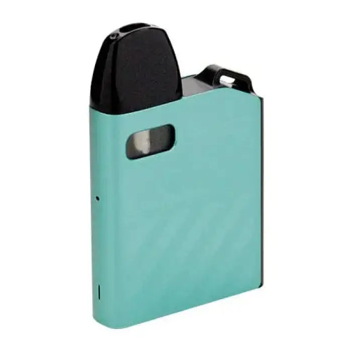 Teal and black electronic vaping device or e-cigarette.