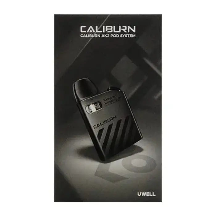 Sleek black electronic device with ’CALIBURN’ branding and diagonal striped design.