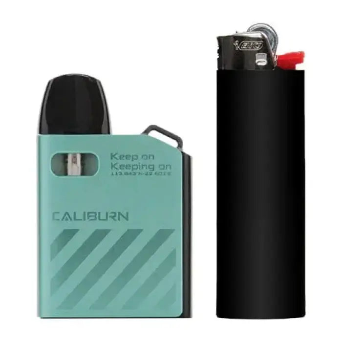 Teal-colored electronic vaping device with a slogan on its side.