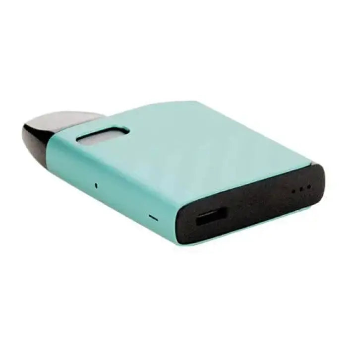 Portable electronic device with a mint green and black casing, likely a power bank or external battery.