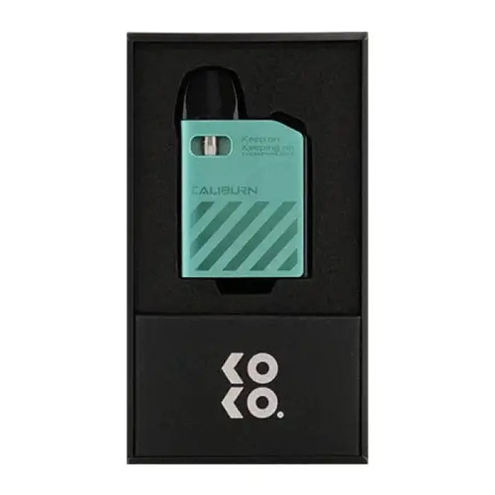 Teal-colored Uwell Caliburn AK2 pod vaping device in its packaging.