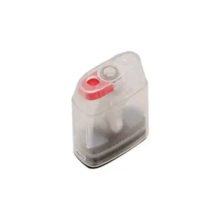 Pencil sharpener with a clear plastic body and red accents.