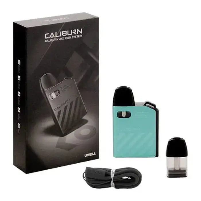 Teal-colored electronic vaping device with a black mouthpiece and accompanying accessories.