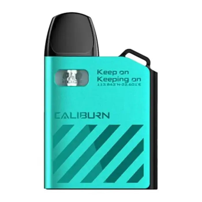 Teal-colored electronic vaping device with diagonal stripes and a transparent window.