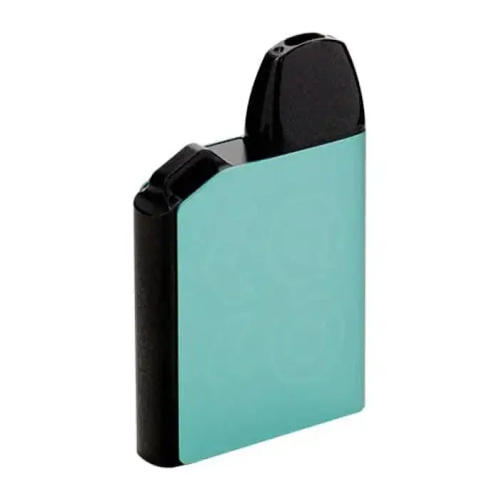 Teal and black rectangular vaping device or e-cigarette.