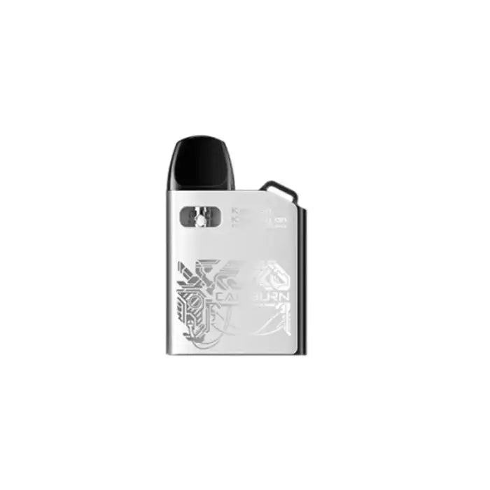 Sleek silver vaping device with engraved floral design.